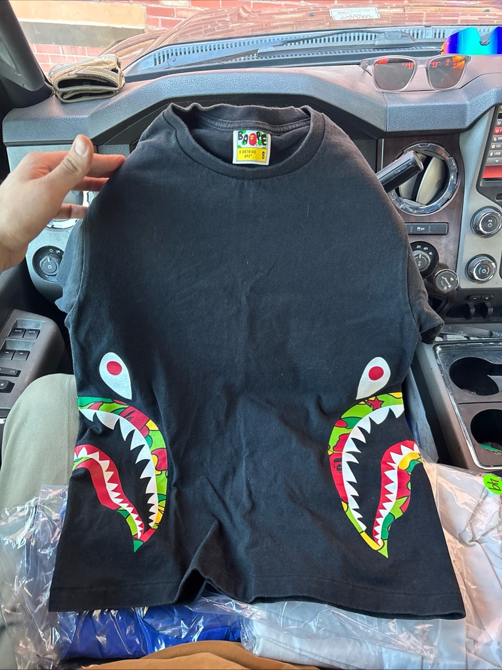 Bape Black Tee with Colorful Shark Mouth Graphics